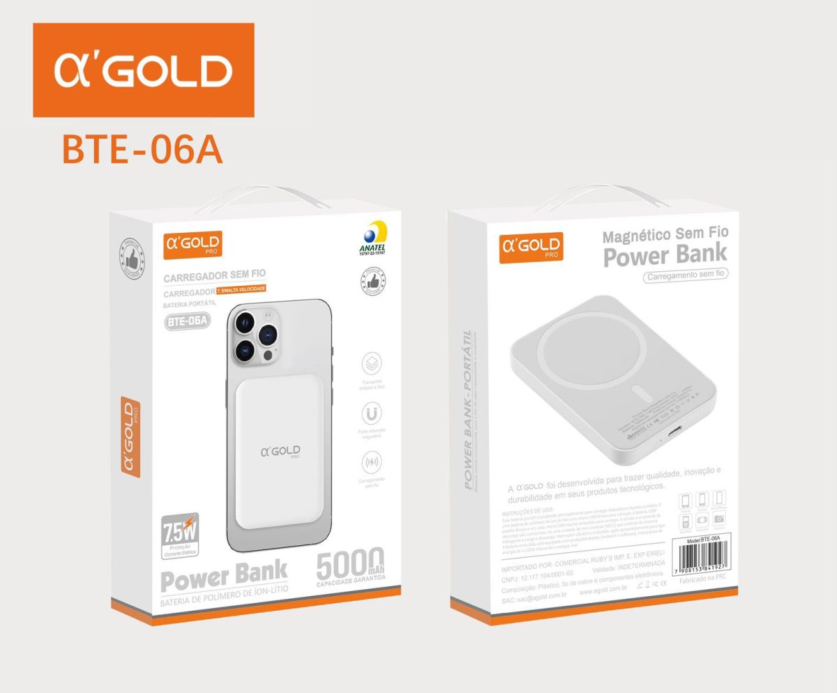 Carregador Portatil Power Bank Por Inducao 5000mah 7.5w Agold Bte-06a