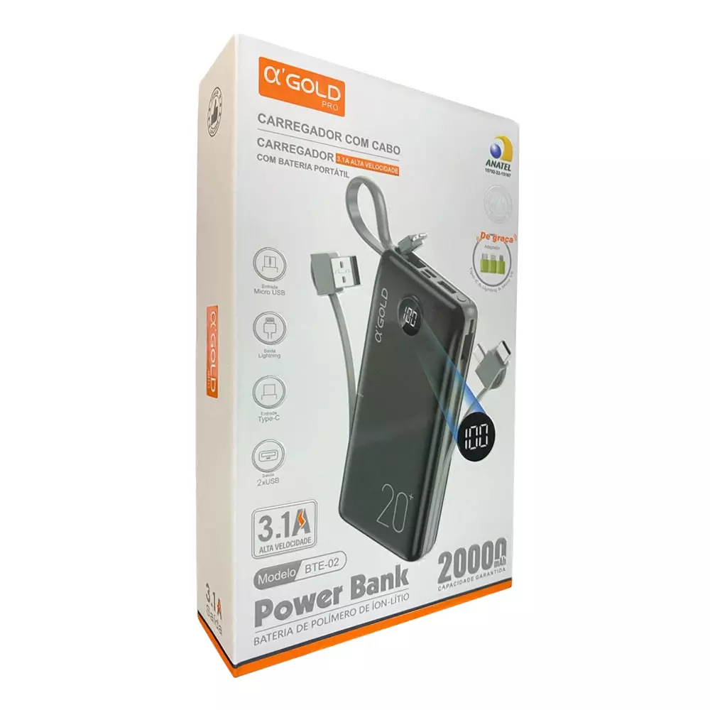 Carregador Portátil Power Bank 20000mh - A'Gold - Bte-02